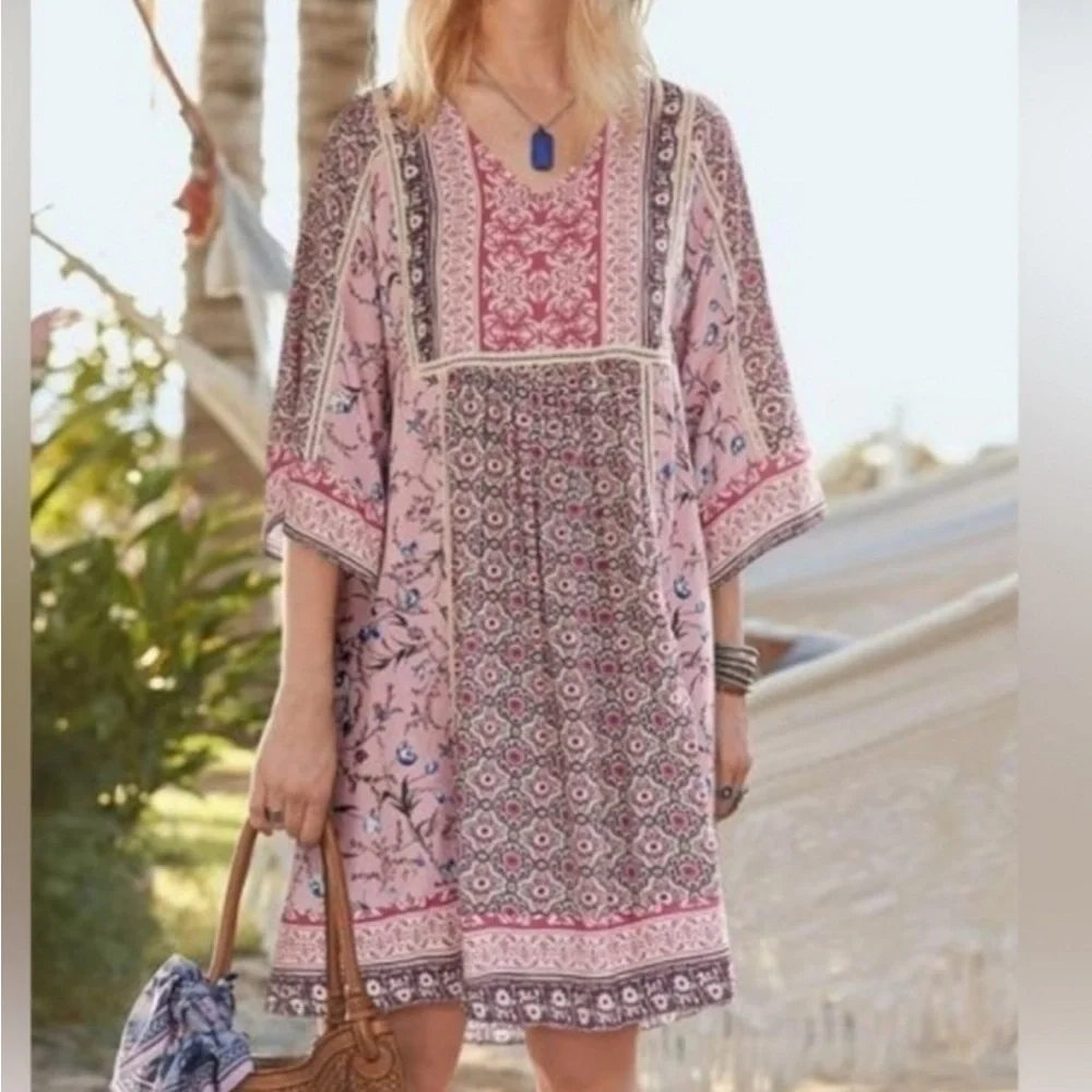 Sundance Everyday Dream Dress pink brown cream boho floral crochet loose size S - Picture 1 of 16